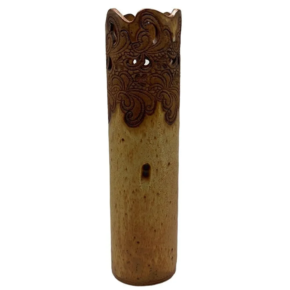 Vase Stoneware Etched Flowers Bohemian Tall 13